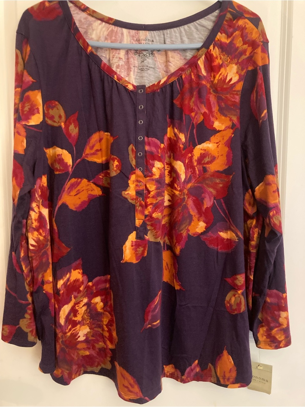 Kohl's Sonoma Life + Style- Floral Henley Long-Sleeve Top - Purple, Orange & Pin